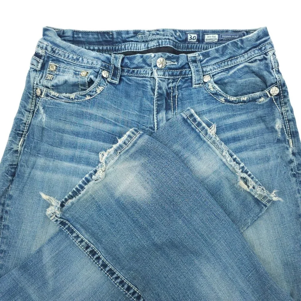 Miss Me Jeans Mid Rise Easy Boot Cut Faux Flap Size 30x29 READ Stretch Med Wash